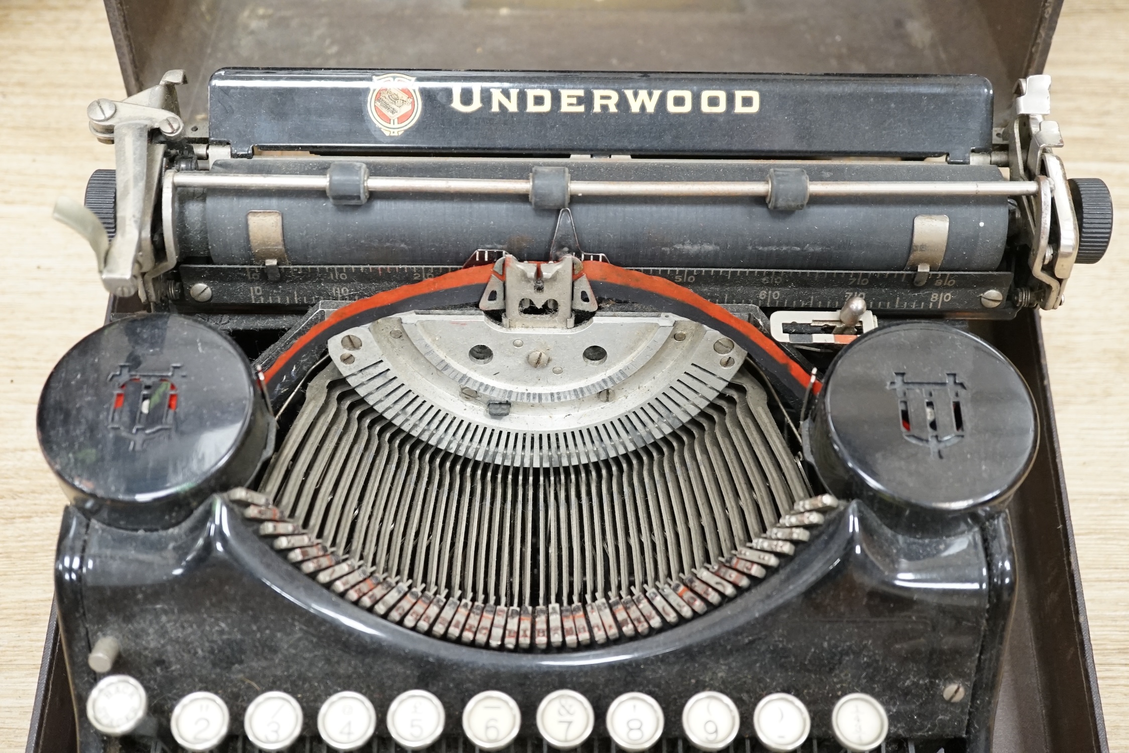 A cased Underwood typewriter, 31cm x 31cm